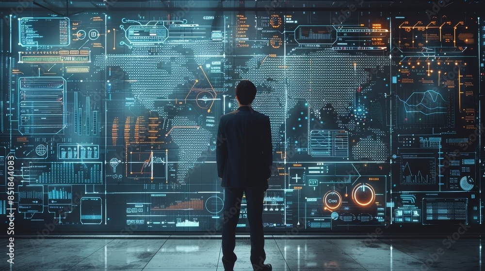 Leinwandbilder a man in a suit stands in front of a large wall filled with a complex, detailed flowchart and diagra