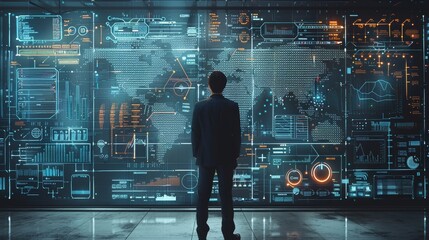 A man in a suit stands in front of a large wall filled with a complex, detailed flowchart and diagrams. The overall color scheme is blue, with various charts, graphs, and lines. Generative AI.