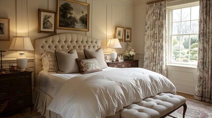 Elegant and cozy bedroom interior with a classic design and natural light streaming through the windows.