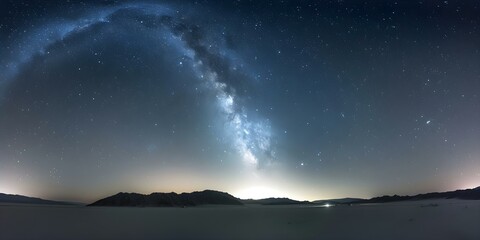 Fototapeta premium The Milky Way arching over a desert landscape with the Earth's zodiacal light visible. Concept Astrophotography, Night Sky, Desert Landscape, Milky Way, Zodiacal Light