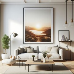 A living room style interior set design with a mockup poster empty white and with a large picture on the wall engaging.