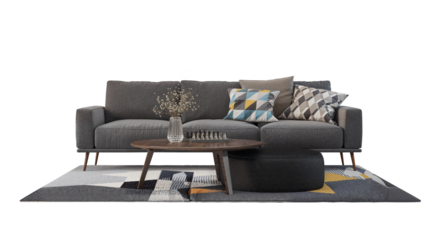 Modern grey sofa and table with rug.Isolated PNG. Generative AI