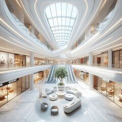 A large shopping mall has a large mockup white screen with a tree and stairs engaging.