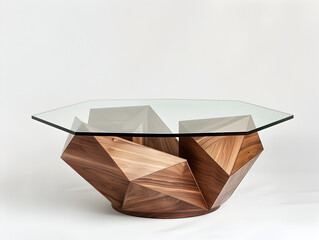 Modern Glass Top Coffee Table with Geometric Base on White Background