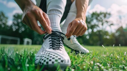 Closeup, fitness, man tie shoe, hands, and wellness, healthy lifestyle, and field exercise. Zoom, male athlete and shoelace, balance training, sports, competitiveness.