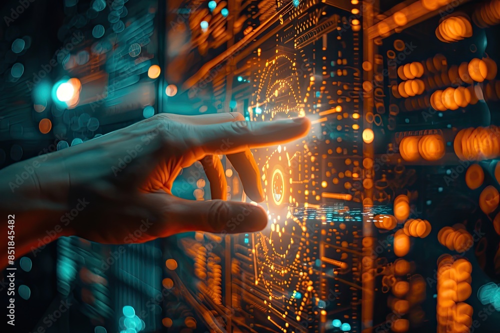 Poster a hand pointing at a computer screen with a lot of orange and blue lights. concept of technology and
