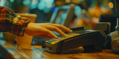 A mystery mixed-race consumer pays for coffee with a wireless credit card. African-American café barista helping woman. Covid contactless payment system