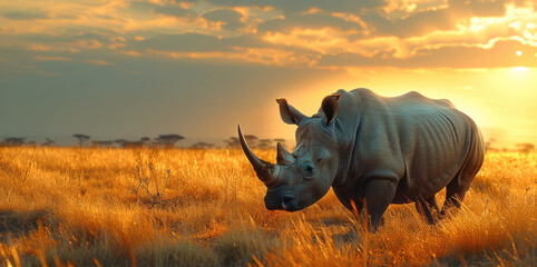Obraz premium Magnificent white rhinoceros grazing peacefully on the savannah, its horn glinting in the sunlight. Generative AI.