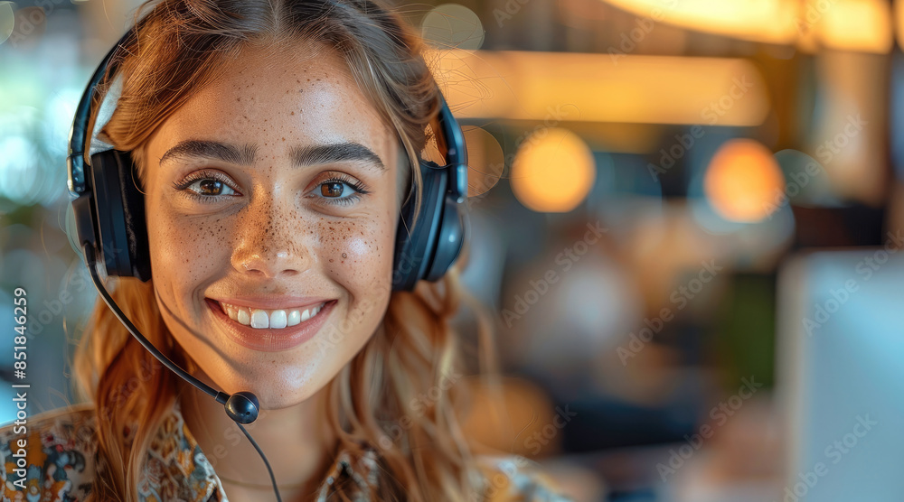 Aufkleber a smiling customer service representative. customer service representative smiling phone help office