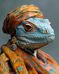 Portrait of an iguana with blue skin dressed as a human in traditional African headwrap, earrings and scarf, anthropomorphism concept