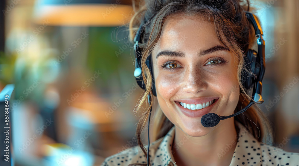 Aufkleber a smiling customer service representative. customer service representative smiling phone help office
