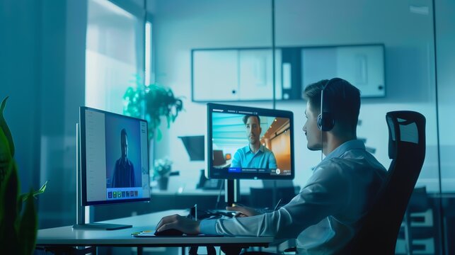 A virtual job interview setup with a candidate and interviewer on screens