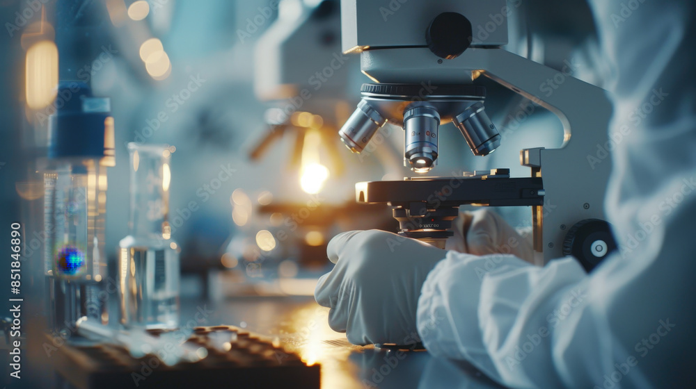 Aufkleber scientist wearing a lab coat and gloves is using a microscope to analyze samples in a modern laborat