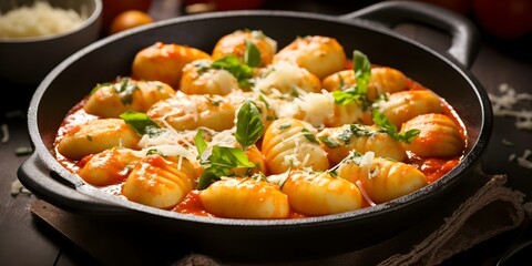 Gnocchi alla Sorrentina Traditional Italian Potato Dumplings in Tomato Sauce and Cheese. Concept Italian cuisine, Potato recipes, Tomato-based dishes, Cheese recipes, Comfort food