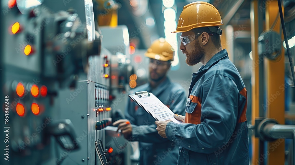 Fototapete two engineers with clipboards holding document papers, discussing a work plan on a cnc machine at a 