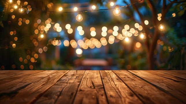 Nighttime garden ambiance  wood table with fairy lights hanging on tree, bokeh background
