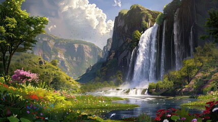 Obraz premium captivating scene of the world's most beautiful waterfall, with powerful waters flowing over steep cliffs into a serene pool, enveloped by a lush, green forest and colorful wildflowers