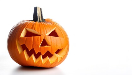 orange pumpkin Jack O lantern with green stem decorative gourd isolated on white studio background Halloween or thanksgiving Holiday season decoration copy space