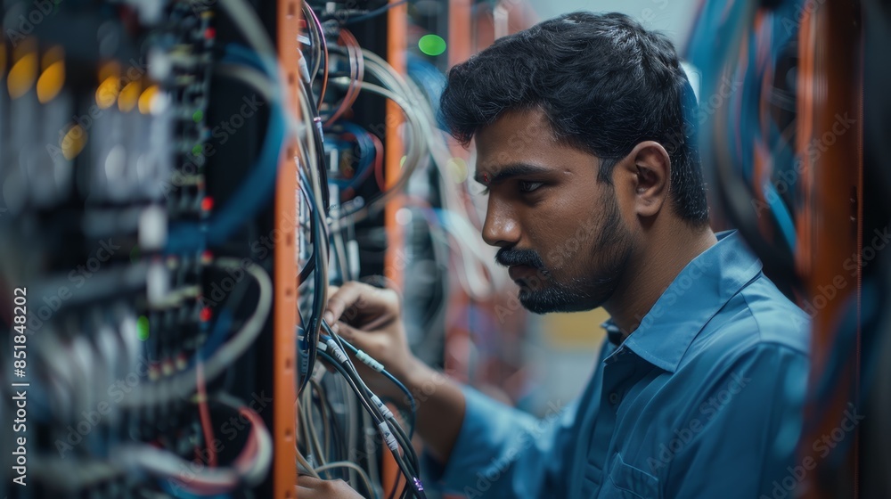 Aufkleber engineer, server room, and nighttime software update/maintenance cable man. cloud computing, it cabl