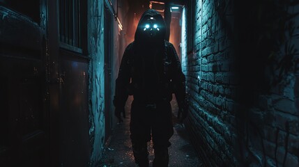An eerie ghost hunter equipped with futuristic tech in a dark, haunted alley Focus on dramatic lighting and shadow play for a suspenseful atmosphere, surreal and haunting