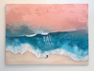 Obraz premium Bring to life an aerial view of a romantic beach scene, capturing a couple embracing under pastel pink sunset hues