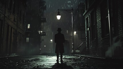 Craft a CG 3D scene in a film noir aesthetic, showcasing a shadowy figure standing under a flickering streetlight in a deserted city street