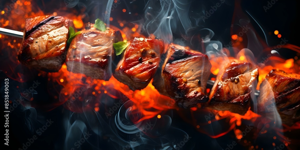 Poster artistic representation of grilled beef shish kabobs using neural network-generated digital art. con