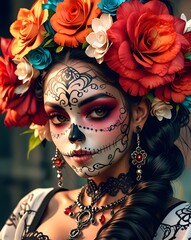 A Mexican woman with a Day of the Dead look. flower and skull. Generative AI