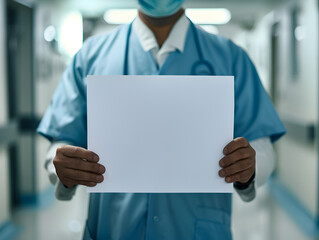 Skilled Surgeon Holding Blank Paper with Serious Expression in Contemporary Setting
