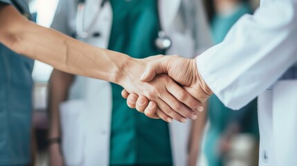 Hospital applause and doctor handshake for support, thanks, medical achievement, or celebration. Healthcare, cooperation, and team shaking hands for welcome, appreciation, or clinic praise