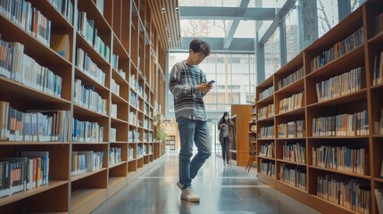 Walking in library with phone for university, education, or college website, internet search, academy FAQ, about us, or contact. Campus, phone, and teen reading scholarship newsletter