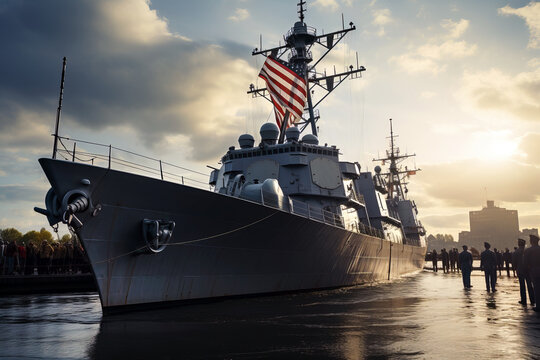 US navy warship stationed in port at sunset, with American flag waving above the ship.