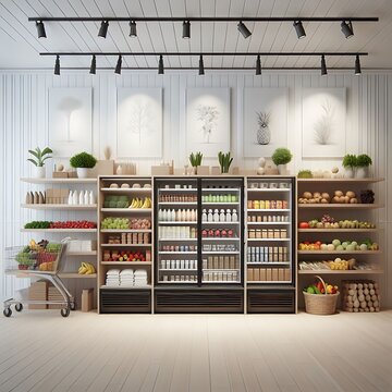 A store style interior set design poster mockup with shelves full of food creative Vibrant.