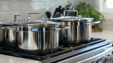 Modern stainless steel pots on a kitchen stove, ideal for cooking. The shiny, reflective surface of the pots adds a contemporary touch to the kitchen. 