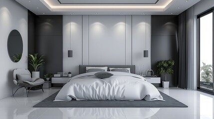A modern white and black bedroom interior with minimalist furniture and decor, isolated on a transparent background. Generative AI.