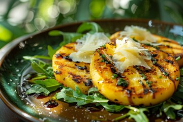 Traditional Venezuelan Colombian Arepa drizzled with truffle oil, parmesan slices and arugula on dark plate. Bokeh background. Concept: street food, organic food, gluten free.
