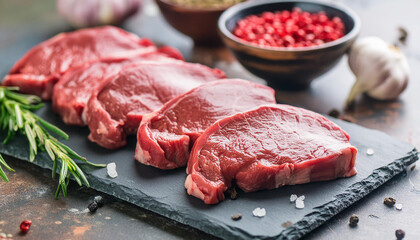 Fototapeta premium Raw fresh pork meat for cooking barbecue. Tasty food. Uncooked steak. Organic product.