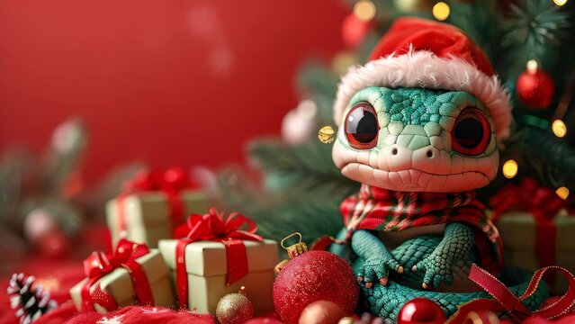 Fantasy cute green snake with Christmas gifts near Christmas tree on red background, great design postcard on holiday background. New Year 2025 art illustration. Cartoon snake