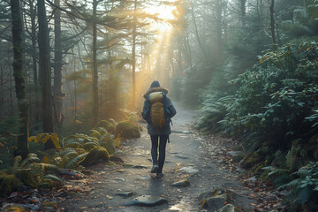 Fototapeta premium Person hiking through a misty forest with sunlight streaming through the trees