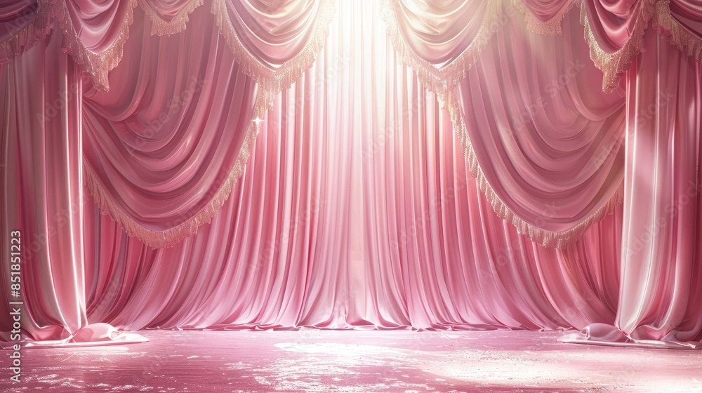 Poster a pink curtain with a white trim hangs in front of a stage. the curtain is open, revealing a large, 