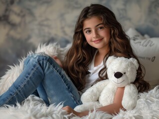 Medium shot of girl with plush toy sitting in a cute pose, themed background. 