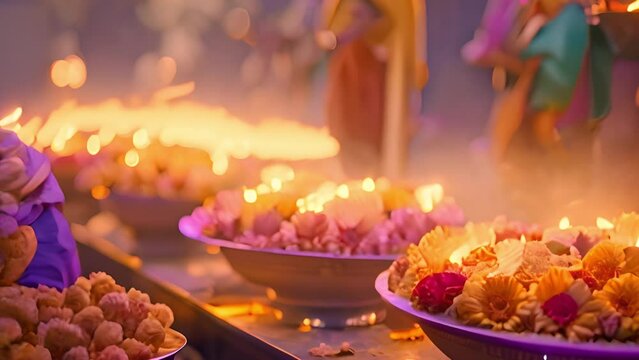 Flowers and flames during the Aarti ceremony in Varanasi