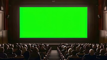 Zoom motion of a chromakey of blank big cinema screen for mock up, in a movie theater filled with an audience