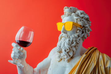 Plaster statue of a greek god wearing yellow sunglasses and holding a glass of red wine against a red background