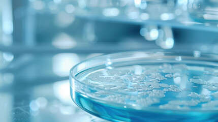 Close-up of a petri dish containing a bacteria culture growing in a blue liquid