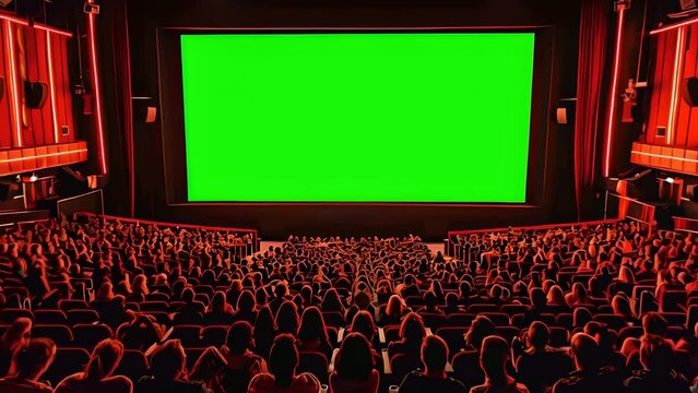 Zoom motion of a chromakey of blank big cinema screen for mock up, in a movie theater filled with an audience