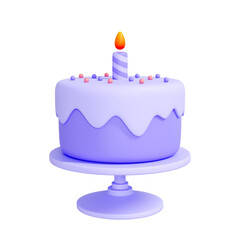 Purple birthday cake with a single lit candle isolated on white background. Creative cartoon design icon. 3D render illustration