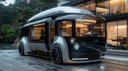 Obraz premium Car, AI, Self-Driving, Home-like big truck, a further big truck, open car, residential space. Generative AI.
