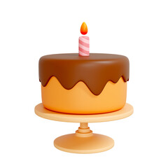 Chocolate birthday cake with a single lit candle on top, sitting on a cake stand isolated on white background. Creative cartoon design icon. 3D render illustration
