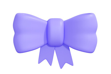 Purple bow isolated on white background. The bow has a classic shape with rounded edges and a central knot. Creative cartoon design icon. 3D render illustration